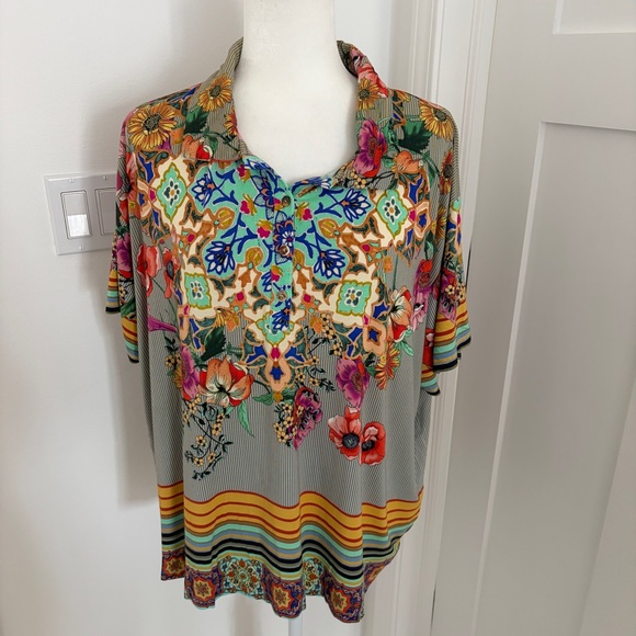 Johnny Was Los Angeles Hunter Polo Shirt Floral Bohemian Multicolor Sz XXL *D8 - Picture 2 of 4